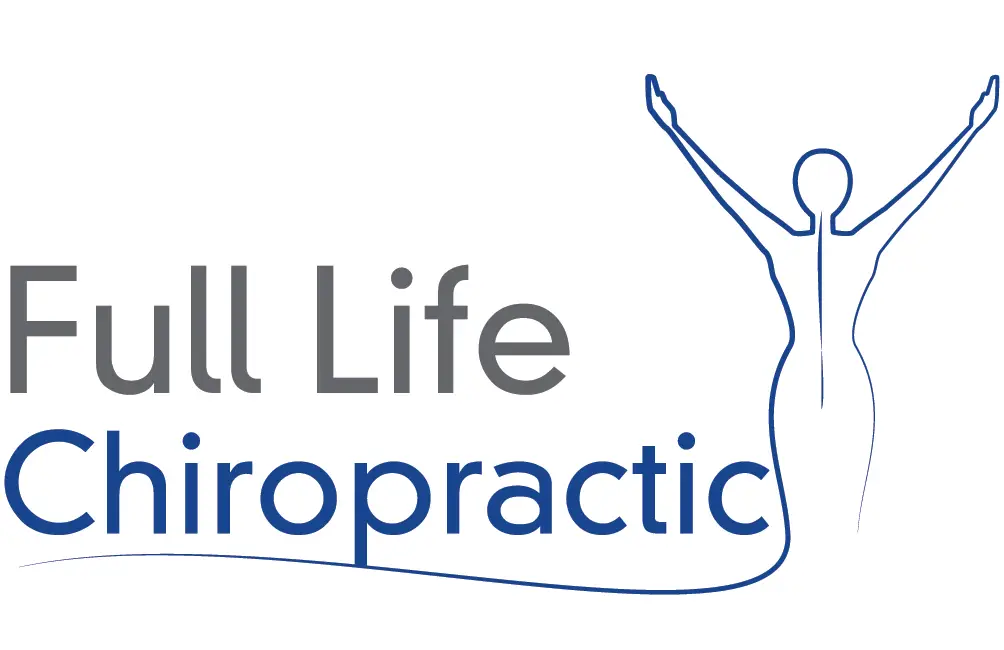 Full Life Chiropractic logo with text in gray and blue, and a blue outline of a person's back with arms raised.