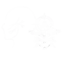 White silhouette of a human head profile next to a complex, symmetrical white emblem on a black background.
